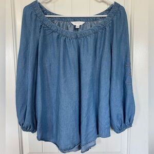 LC Lauren Conrad Blue Embroidered Blouse XS Flowy Denim Top